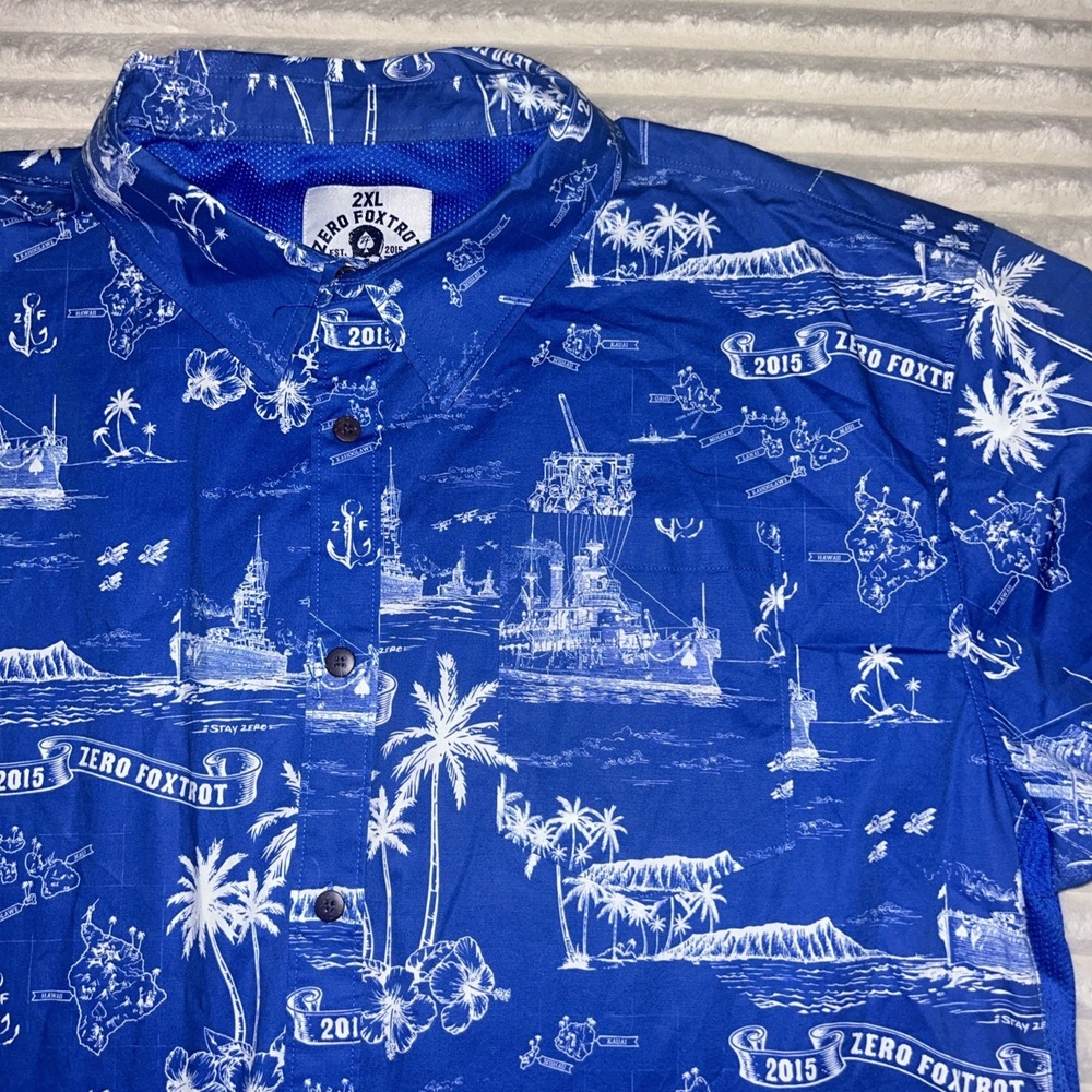 Zero Foxtrot Men 2XL Hawaiian Button Up Shirt Blue Battleship Pearl Harbor Aloha
